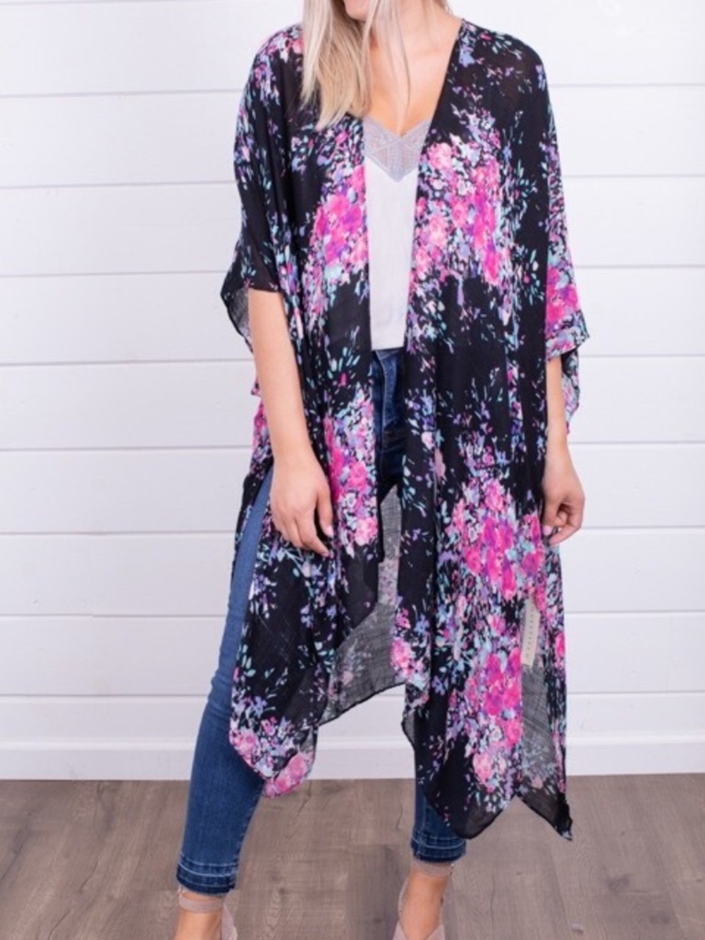 LOVESTITCH Floral Sheer Duster Kimono Open Front Black Pink Purple One Size OS
